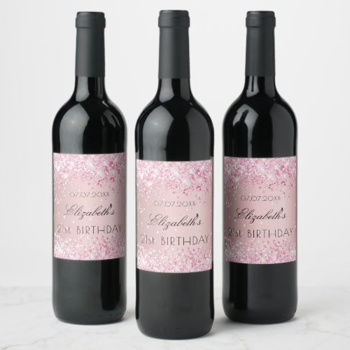 Birthday party blush pink glitter dusty rose name wine label