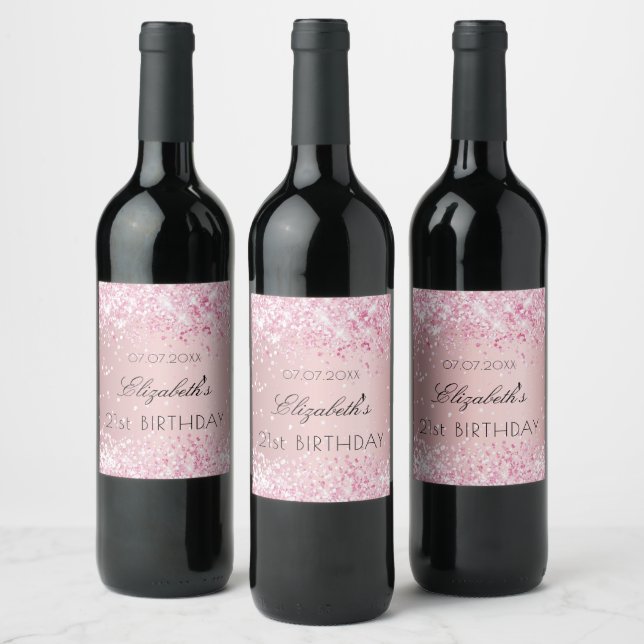 Birthday party blush pink glitter dusty rose name wine label (Bottles)