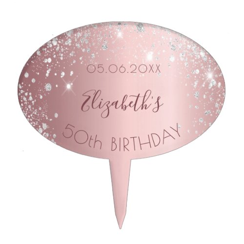 Birthday party blush pink glitter silver name cake topper