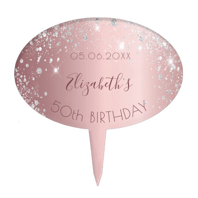 Birthday party blush pink glitter silver name cake topper (Front)