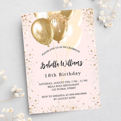 Birthday party blush pink gold balloons invitation postcard