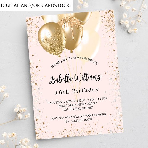 Birthday party blush pink gold glitter balloons invitation
