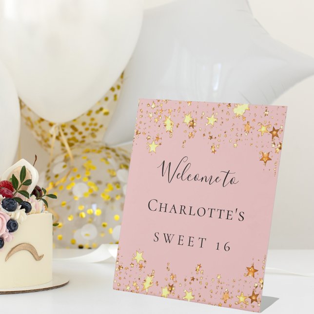 Birthday party blush pink gold stars welcome pedestal sign (Creator Uploaded)