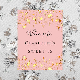 Birthday party blush pink gold stars welcome poster