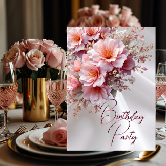 Birthday Party Blush Pink Lilac Flowers White Silk Invitation