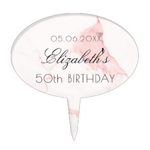 Birthday party blush pink marble name cake topper