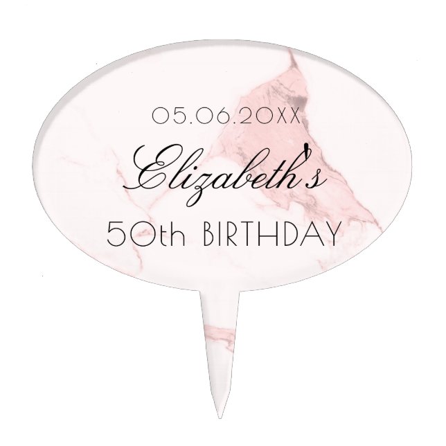 Birthday party blush pink marble name cake topper (Front)