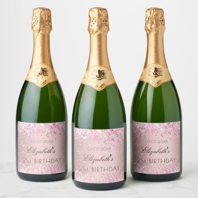 Birthday party blush pink name sparkling wine label (Bottles)