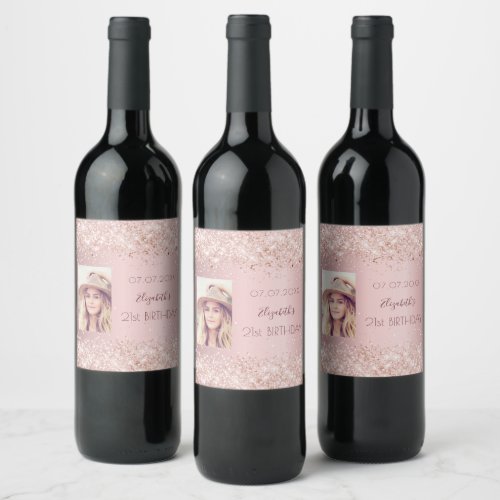 Birthday party blush pink rose glitter dust photo wine label