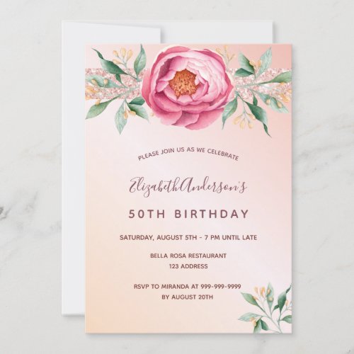 Birthday party blush pink rose gold floral glitter invitation