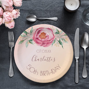 Birthday party blush pink rose gold floral paper plates