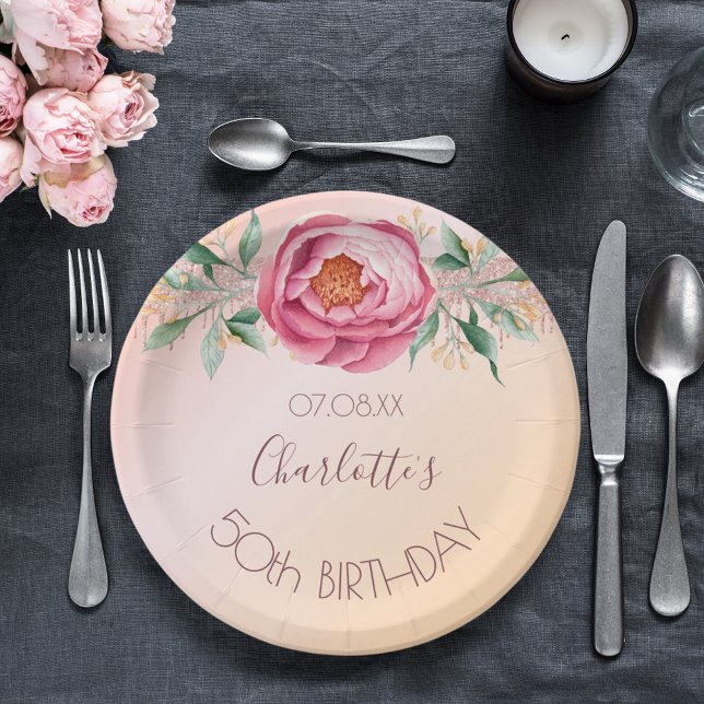 Birthday party blush pink rose gold floral paper plates (Creator Uploaded)