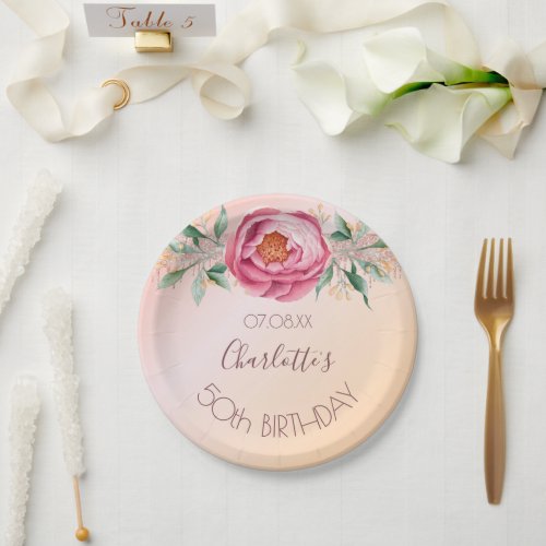 Birthday party blush pink rose gold glitter floral paper plates