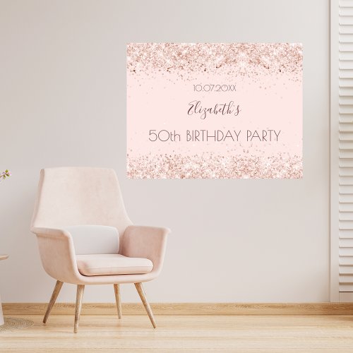 Birthday party blush pink rose gold glitter name poster