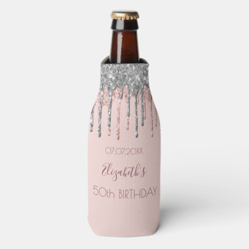 Birthday party blush pink rose gold glitter silver bottle cooler
