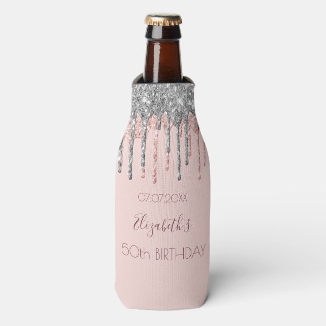 Birthday party blush pink rose gold glitter silver bottle cooler (Bottle Front)
