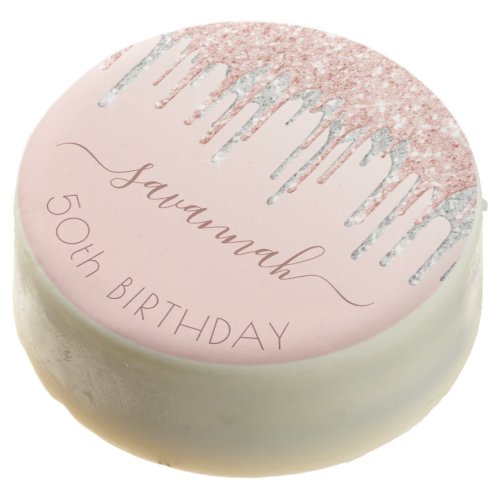 Birthday party blush pink rose gold glitter silver chocolate covered oreo