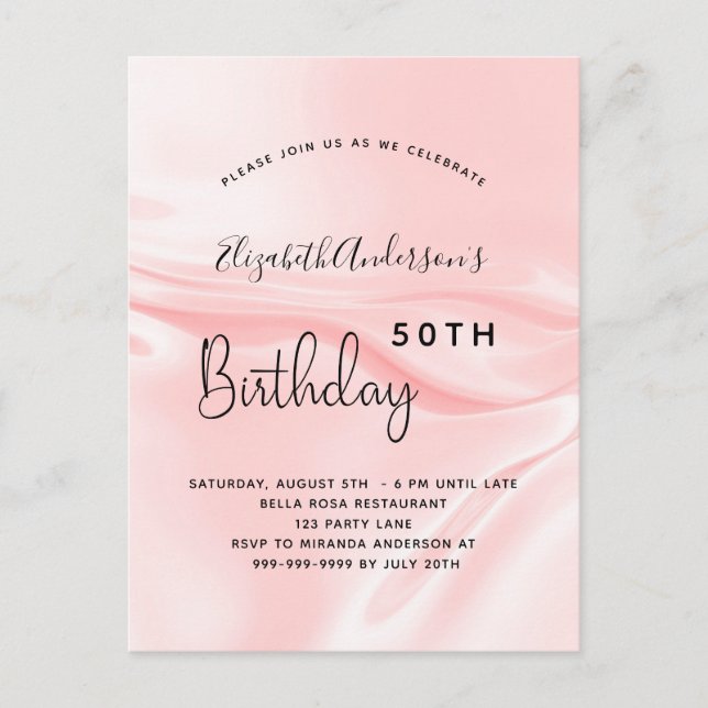 Birthday party blush pink satin silk invitation postcard (Front)