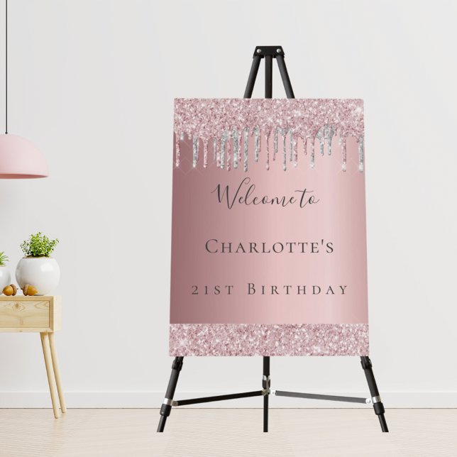 Birthday party blush pink silver glitter welcome foam board (Creator Uploaded)