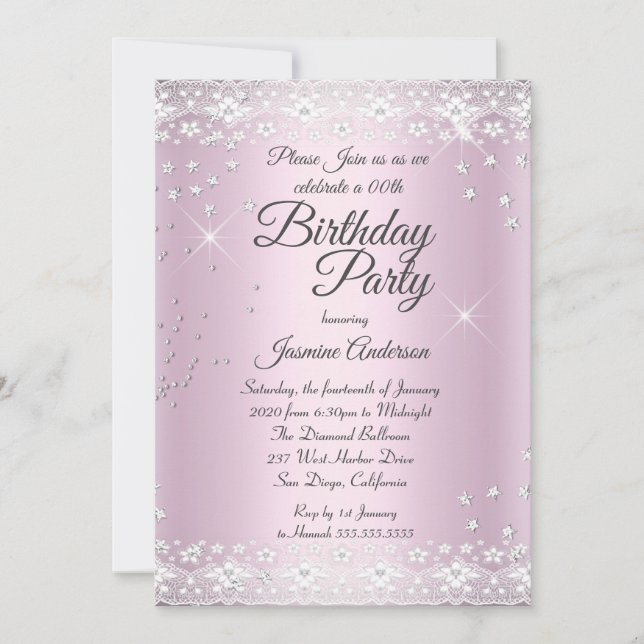 Birthday Party Blush Pink Silver Sparkle lace Invitation (Front)