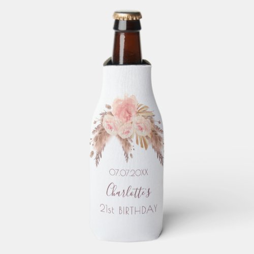 Birthday party blush rose floral pampas grass name bottle cooler