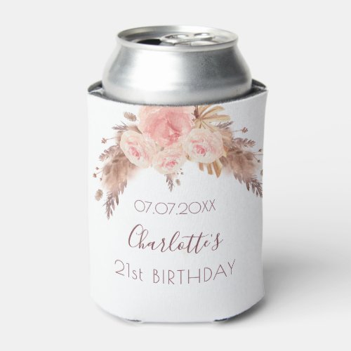 Birthday party blush rose floral pampas grass name can cooler