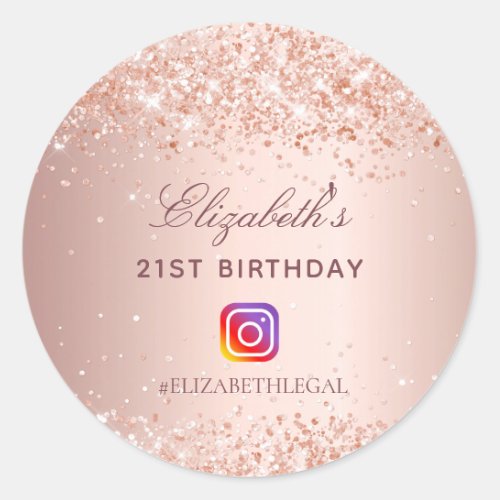 Birthday Party blush rose glitter Instagram photo Classic Round Sticker