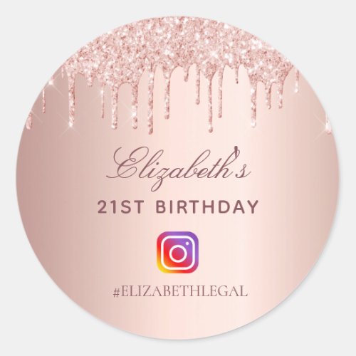 Birthday Party blush rose glitter Instagram photo Classic Round Sticker
