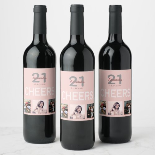 Birthday party blush rose gold cheers photo wine label