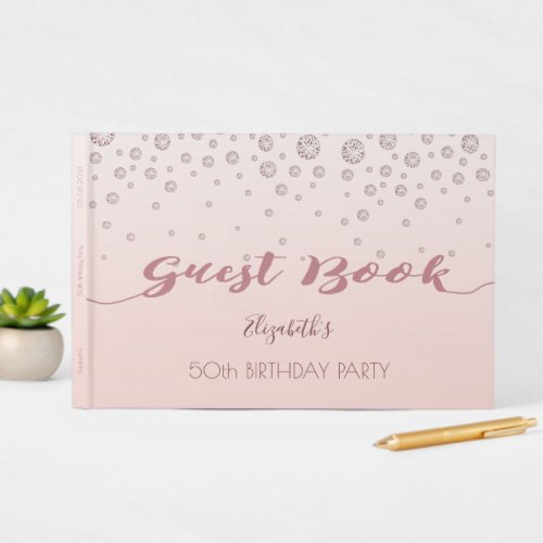 Birthday party blush rose gold diamonds guest book