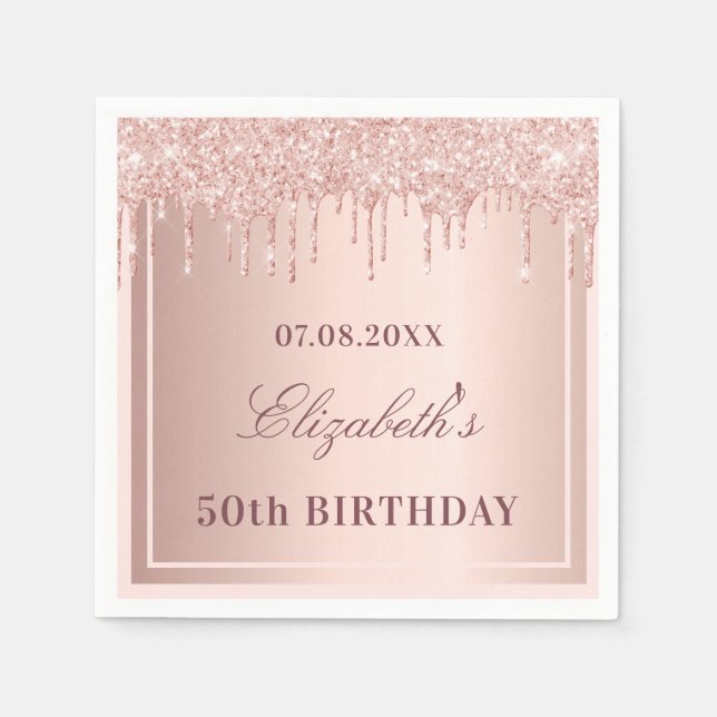 Birthday party blush rose gold glitter drips napkins (Front)