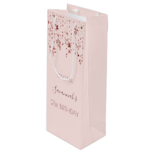 Birthday party blush rose gold stars name wine gift bag
