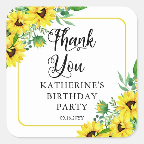 Birthday Party Boho Sunflowers Thank You  Square Sticker