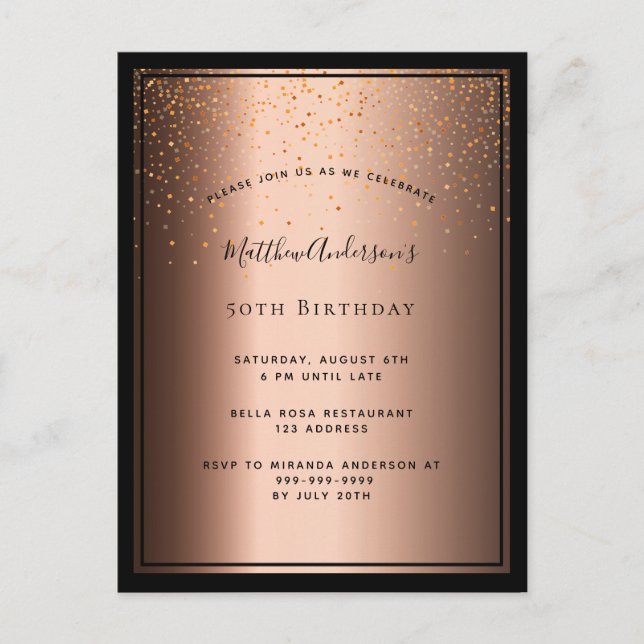 Birthday Party bronze brown black invitation Postcard (Front)