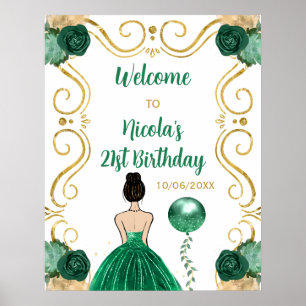 Birthday Party Brown Hair Princess Green Welcome Poster