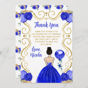 Birthday Party Brown Hair Princess in Blue Thank You Card