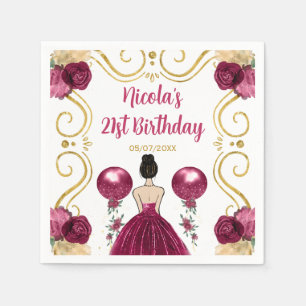 Birthday Party Brown Hair Princess in Burgundy Red Napkins