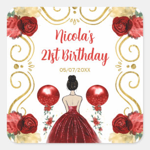 Birthday Party Brown Hair Princess in Red Square Sticker
