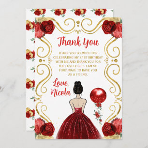 Birthday Party Brown Hair Princess in Red Thank You Card
