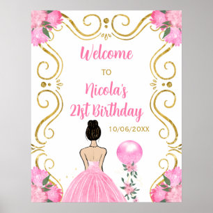 Birthday Party Brown Hair Princess Pink Welcome Poster