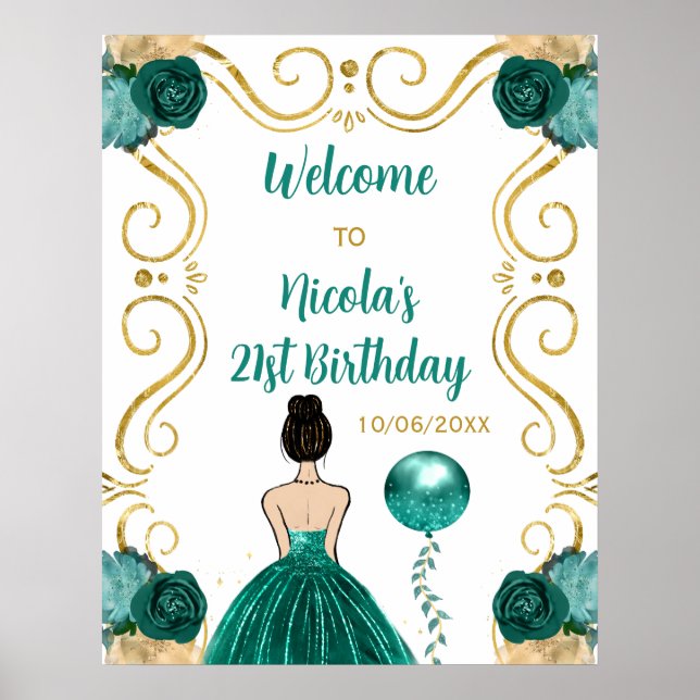 Birthday Party Brown Hair Princess Teal Welcome Poster (Front)