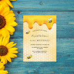 Birthday party bumble bees honey honeycomb invitation<br><div class="desc">Elegant, fun, 50th (or any age) birthday summer party invitation. Yellow, white background with a honeycomb pattern. Decorated with golden, dripping sweet honey and happy bumble bees. The name is written with a modern hand lettered style script. Black letters. Perfect for a summer tea party in a garden, backyard. Back:...</div>
