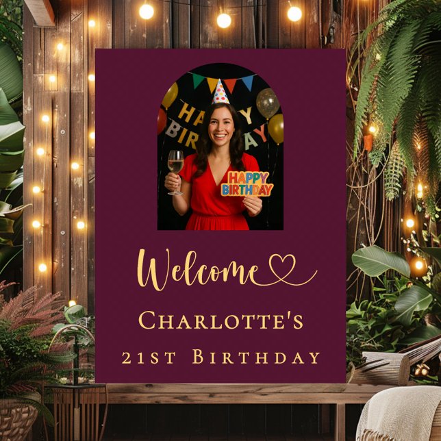 Birthday party burgundy arch photo welcome poster (Creator Uploaded)