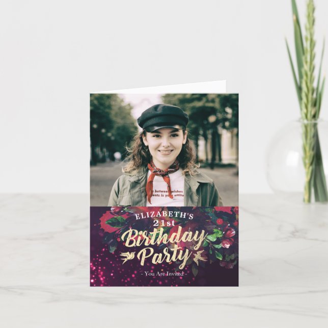 Birthday Party Burgundy Floral Purple Lights Photo Invitation (Front)