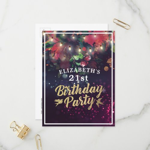 Birthday Party Burgundy Floral Purple String Light Invitation Postcard