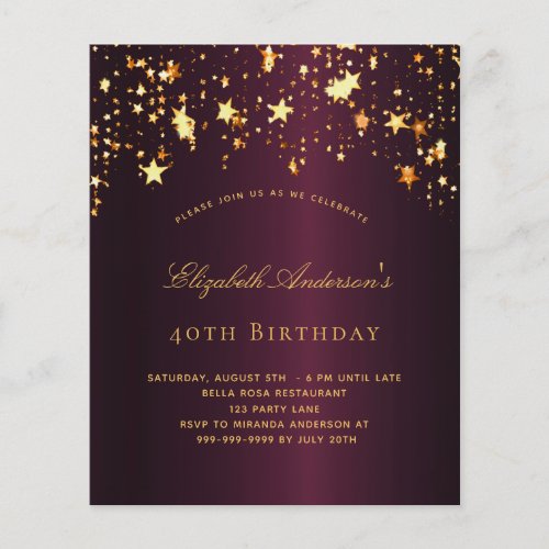 Birthday party burgundy gold budget invitation flyer