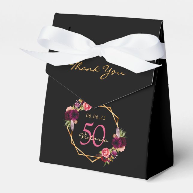 Birthday party burgundy gold geometric florals favor boxes (Front Side)