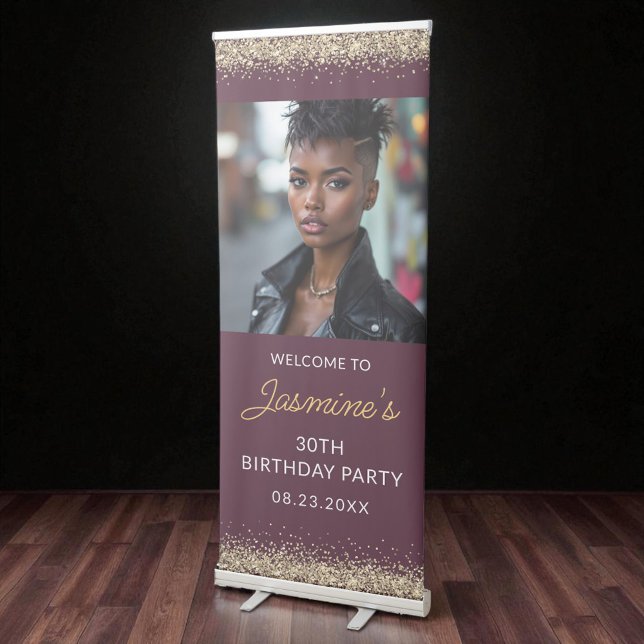 Birthday Party Burgundy Gold Glitter Photo Retractable Banner (Creator Uploaded)