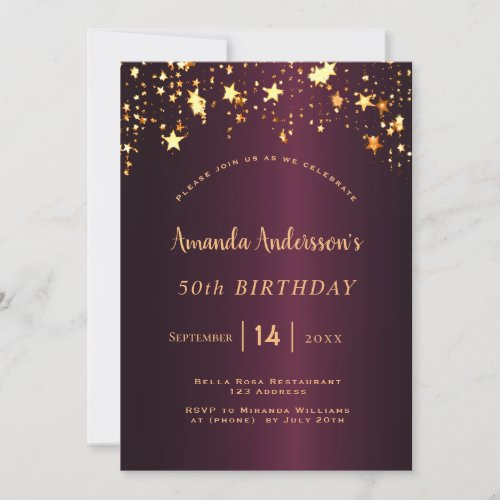 Birthday party burgundy gold stars elegant invitation