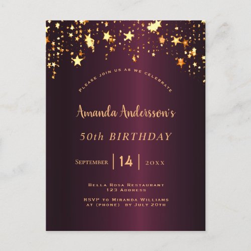Birthday party burgundy gold stars glam postcard